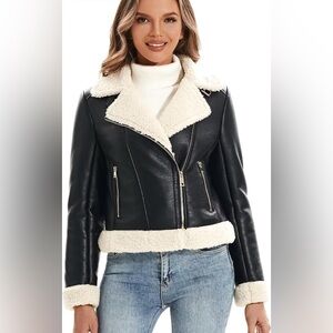 Women's Faux Shearing Fur Coat Warm Thick Fur Lined Faux Leather Jacket